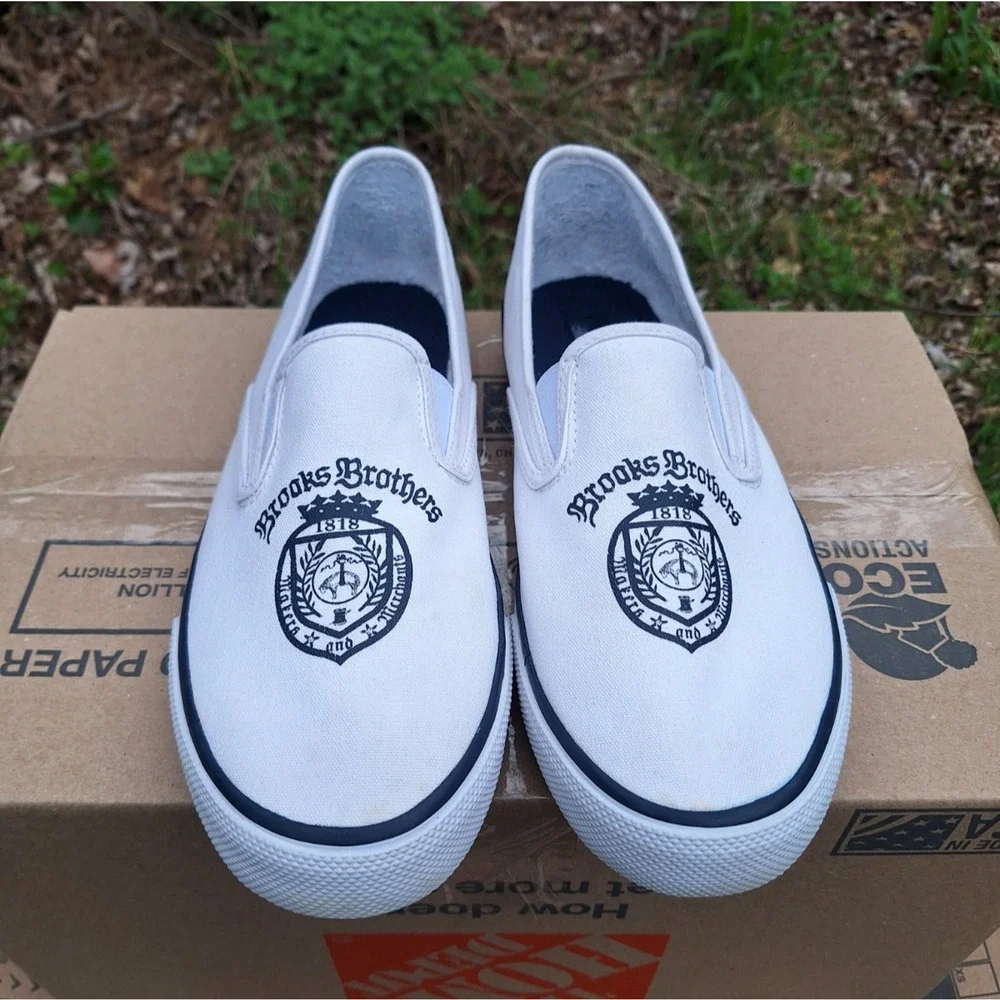 Sperry x Brooks Brothers Crest White Navy Canvas Slip On size 11.5
